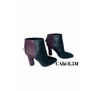 CAbi Leather Ankle Boots Block Heel Color-Block Side Zip Burgundy & Black Sz 8.5